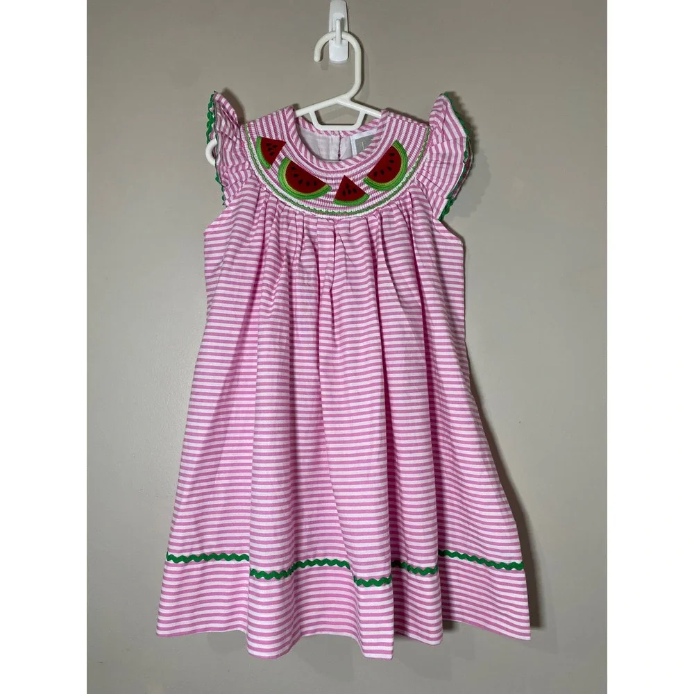 Lil Cactus EUC Girls Pink Striped Smocked Watermelon Dress Size 3T Cotton Summer
